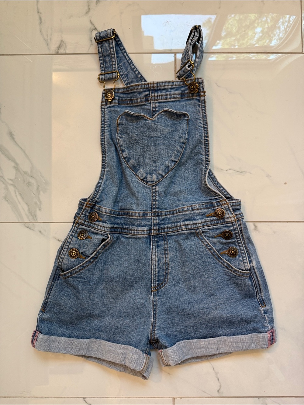 Kids Denim Heart Pocket Short Overalls - Blue mini Boden